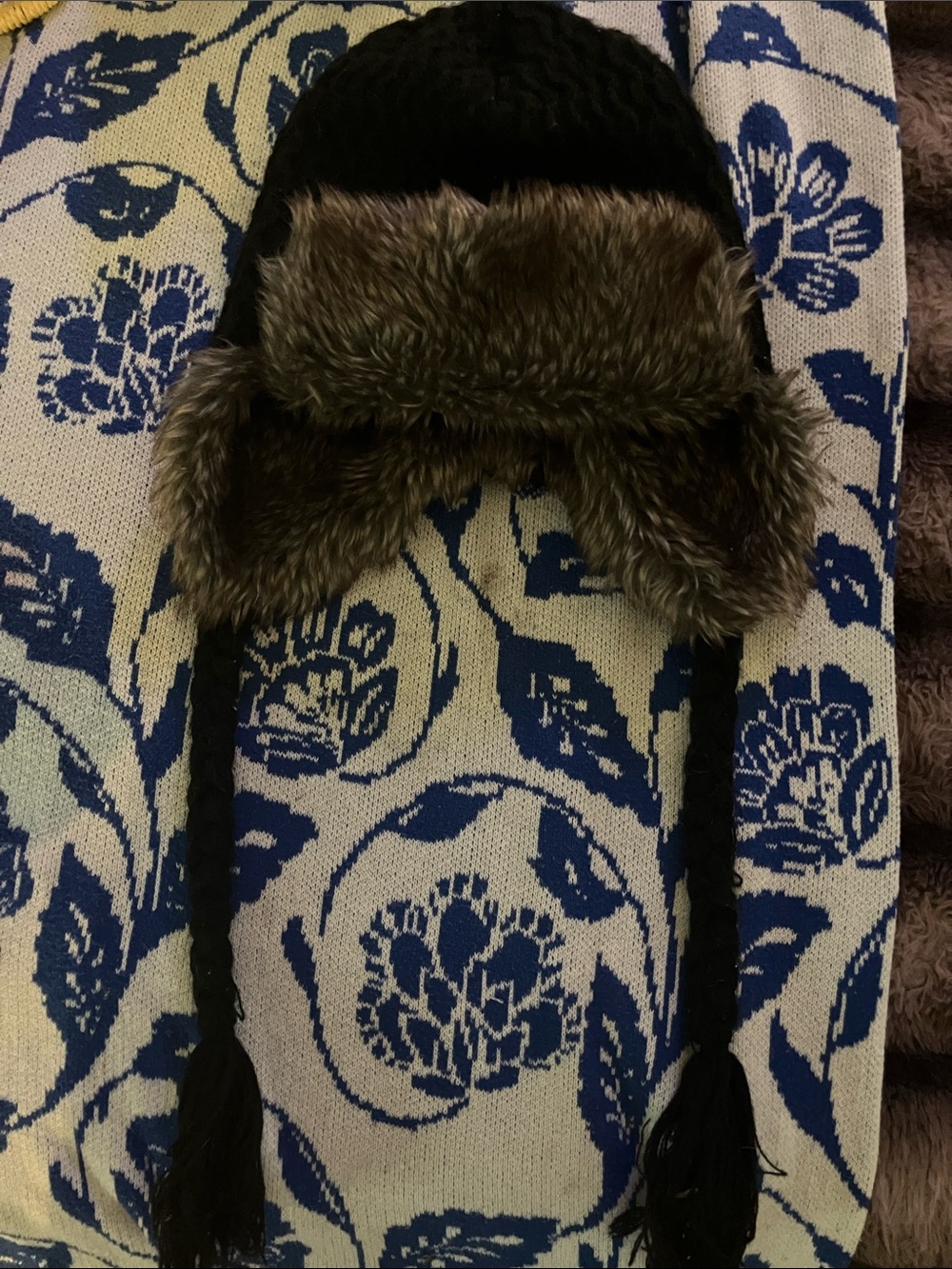 Classic Knit Trapper Hat with Faux Fur Trim - Black